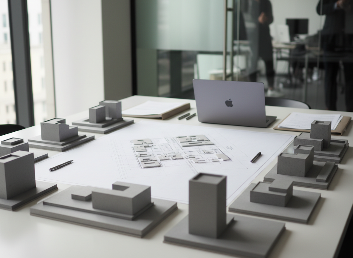 A meticulously organized project war room table seen from a slightly elevated, eye-level angle, featuring a large, matte-white architectural masterplan spread across the center. Around it sit neatly aligned grey foam-core concept models of buildings and infrastructure, precision-cut with clean edges and subtle texture. Several slim, metal mechanical pencils and a closed graphite-grey laptop rest beside a structured stack of neutral-toned briefing documents. Soft daylight from an unseen floor-to-ceiling window washes across the scene, creating gentle, directional shadows and crisp highlights on the paper. The background falls into a subtle blur of a minimalist, glass-partitioned office. Photographic realism with a clean, corporate aesthetic, balanced composition, and a calm, analytical mood that suggests strategic planning for complex developments.