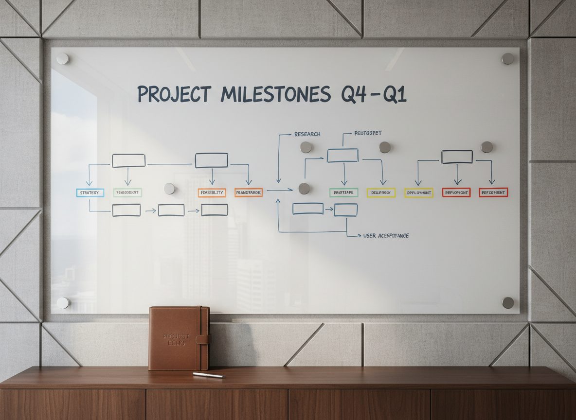 A sleek, wall-mounted glass board in a contemporary boardroom, covered with a precisely arranged network of hand-drawn boxes, arrows, and annotations in muted blue and charcoal marker, representing a project roadmap. Discreet magnetic markers hold small, color-coded cards that label phases like ‘Strategy’, ‘Feasibility’, and ‘Delivery Framework’. Below, a narrow, dark-wood credenza supports a single closed leather-bound project dossier and a brushed-steel pen. Neutral grey acoustic panels and a faint reflection of city buildings on the glass suggest a high-rise setting. Soft, diffused daylight from the side creates a low-contrast, professional look with subtle reflections and clean lines. Photographic realism, corporate and structured, with a wide, straight-on composition that emphasizes clarity, order, and long-term planning.