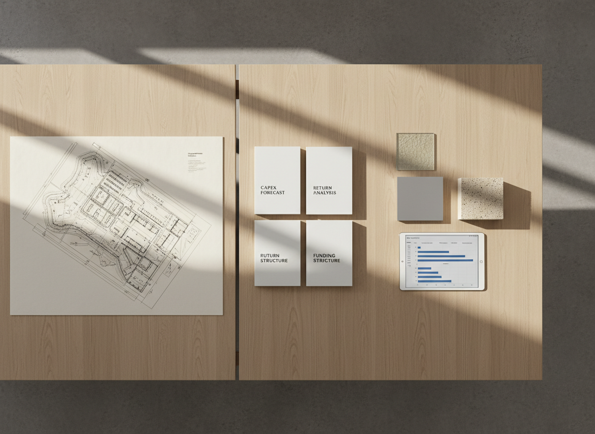 An overhead, bird’s-eye view of a large, light-oak conference table divided into distinct, organized zones: a detailed site plan printed on heavyweight paper, a neatly stacked set of financial models in a minimalist grid layout, and a refined tablet showing a monochrome Gantt chart. Nearby, three precisely placed material samples—etched glass, brushed aluminum, and light limestone—form a small, curated array. The table surface is uncluttered, with sharp, geometric shadows cast by soft late-morning daylight from an off-frame window. The background is a subtly blurred, neutral grey floor with a fine texture. Photographic realism with a balanced, almost architectural composition, conveying rigorous structure, early-stage development analysis, and disciplined decision-making.